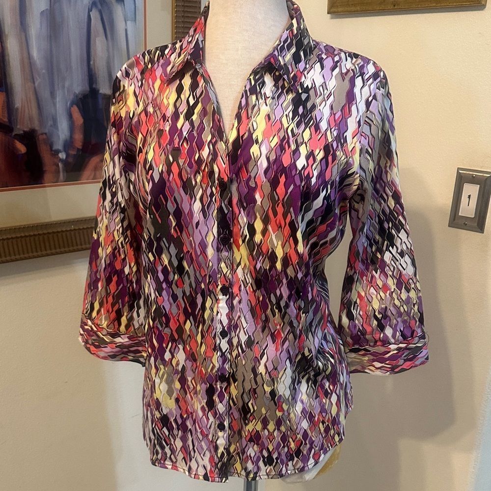 Dana Buchman Multicolor Patterned Button Down Top… - image 5